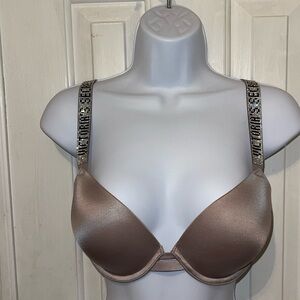 $70 34DD Taupe BLING  LOGO Extreme Lift Victorias Secret VERY SEXY PU UW Bra